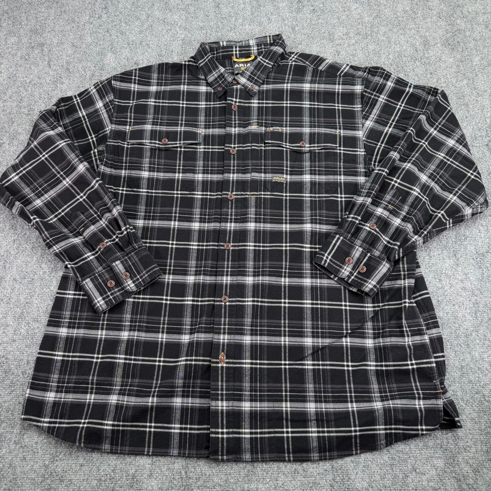 Ariat Shirt Men's XXL Black Plaid Rebar DuraStretch Flannel Work Button Down
